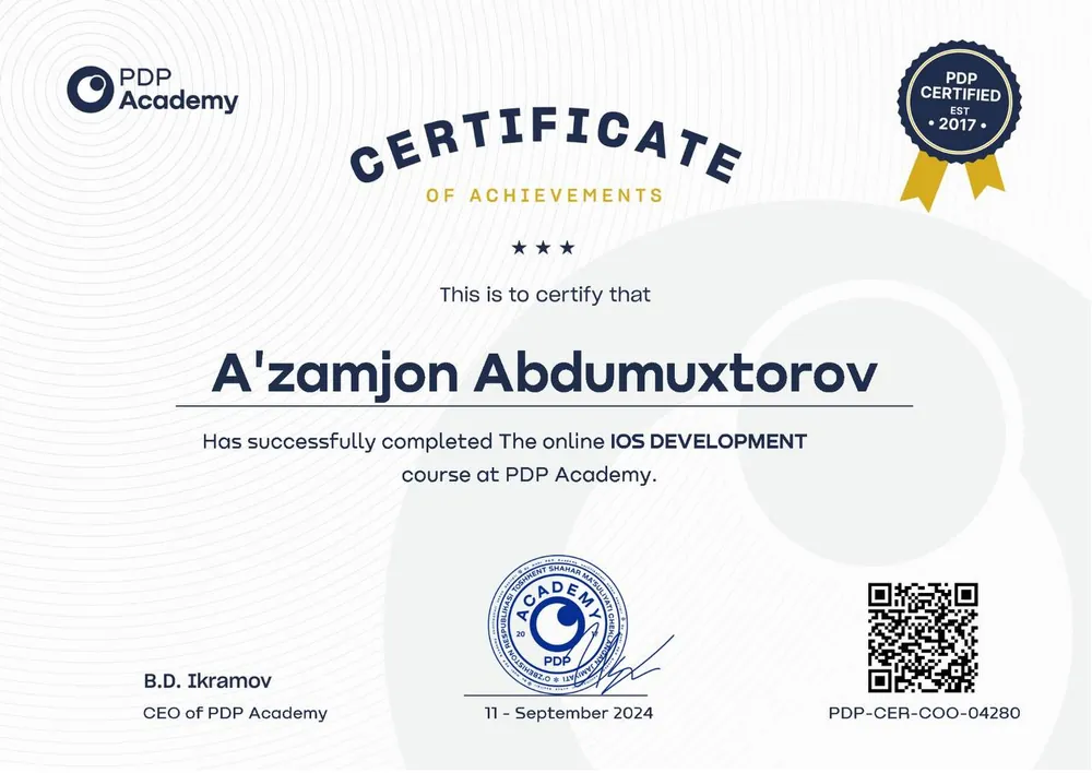 PDP Academy'dan A'zamjon Abdumuxtorovga berilgan iOS dasturlash sertifikati