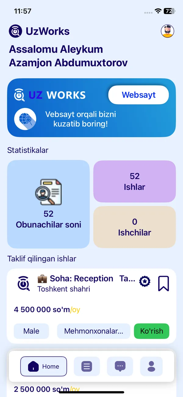 UzWorks — Swift, SwiftUI, Combine mobil ilovasi, muallif A'zamjon Abdumuxtorov